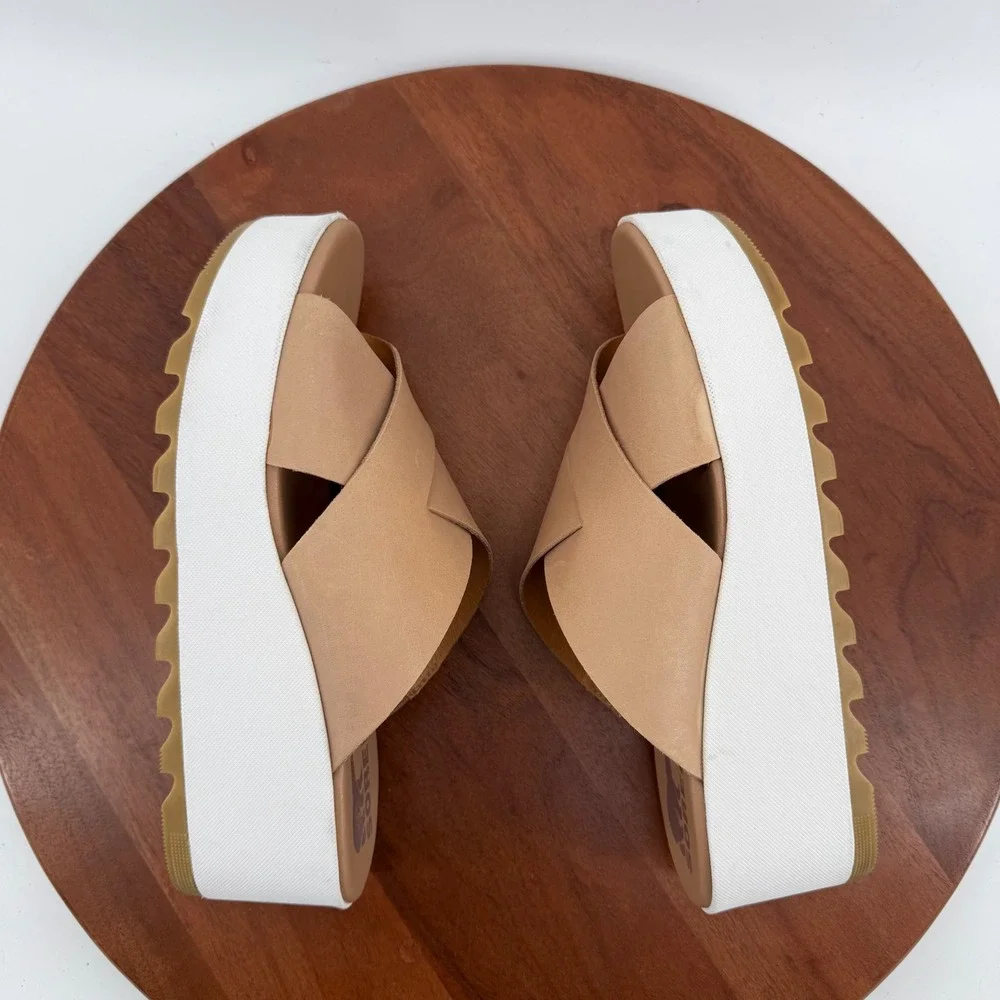 Sorel Cameron Flatform Slide Womens Beige Leather Cross Strap Summer Sandals 9